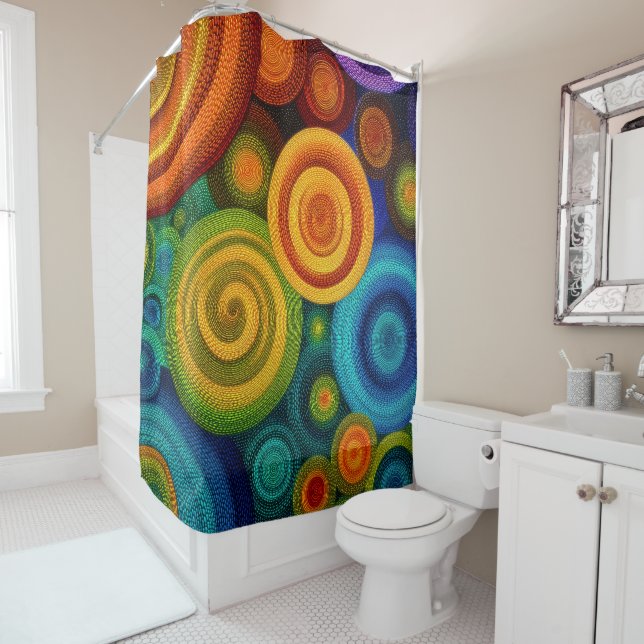Rideaux De Douche Abstract concentric circles in vibrant multicolor  (En situation)