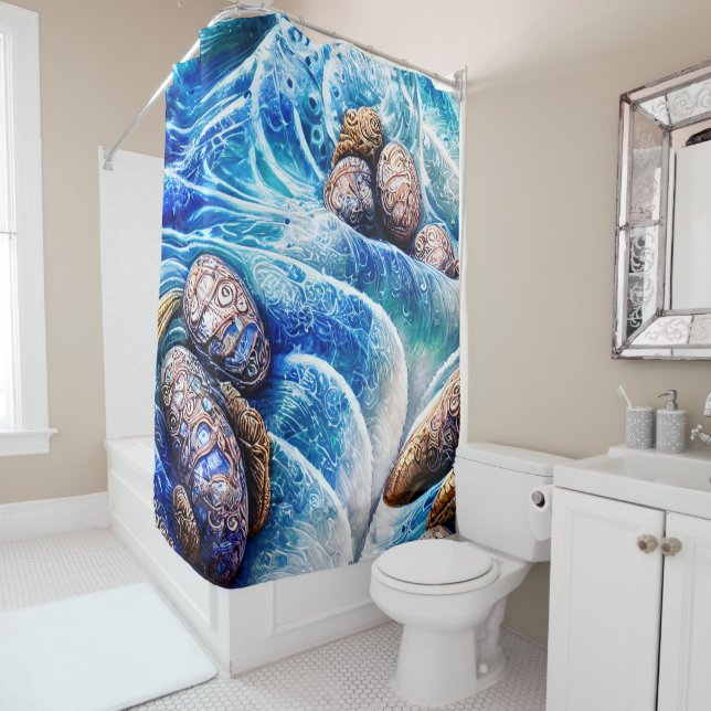 Rideaux De Douche Abstrait Blue Ocean Wave Marble Agate Gold Art (En situation)