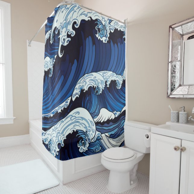 Rideaux De Douche Abstrait Blue Ocean Waves Art de style japonais | (En situation)