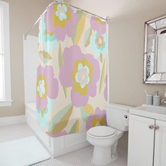 Rideaux De Douche Abstrait Floral Pastel Lilac Motif (En situation)