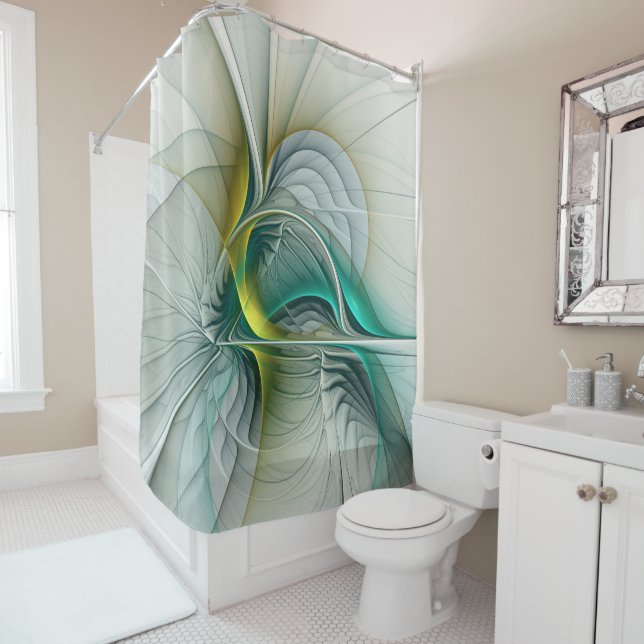 Rideaux De Douche Abstrait hypnotique or turquoise sarcelle fractale (En situation)