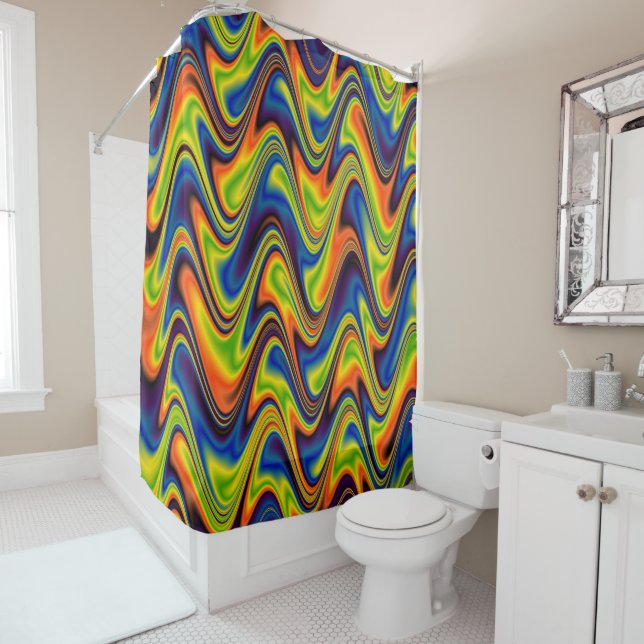 Rideaux De Douche Abstrait Multicolore Ondulé (En situation)