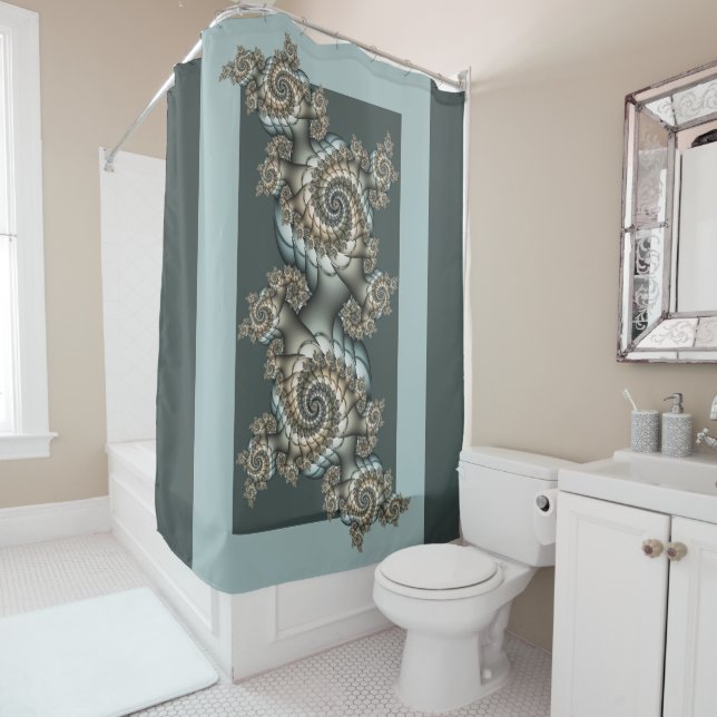 Rideaux De Douche Abstrait Spirales d'Art Fractal Bleu Clair Beige (En situation)