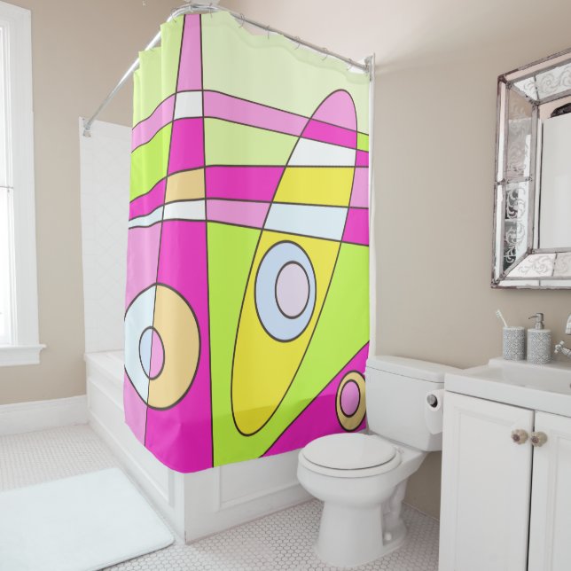 Rideaux De Douche Abstrait surf Bright Pink Green Bubblegum (En situation)