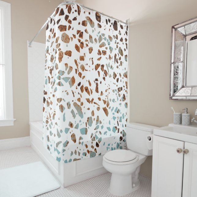 Rideaux De Douche Abstrait Terrazzo Mosaic rouille Brown & Motif ble (En situation)