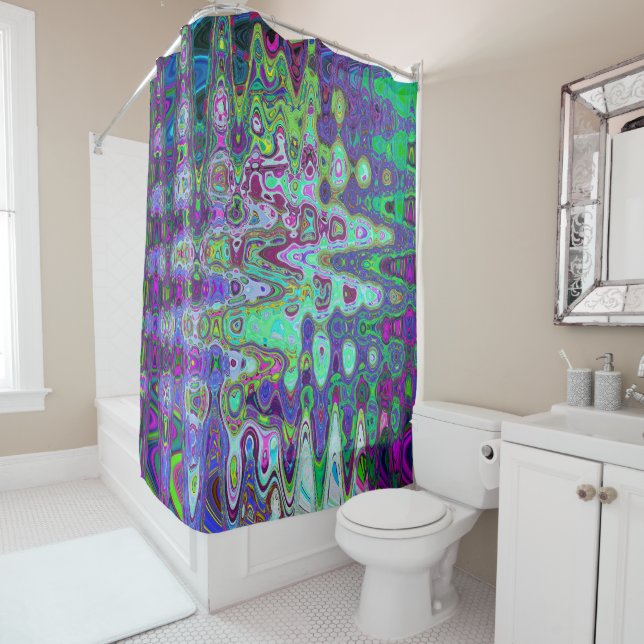 Rideaux De Douche Abstrait vert et violet Mosaïque ondulée Rétro (En situation)