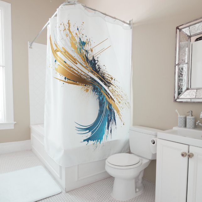 Rideaux De Douche Abstraite dynamique Splash Blanc Turquoise or napp (En situation)