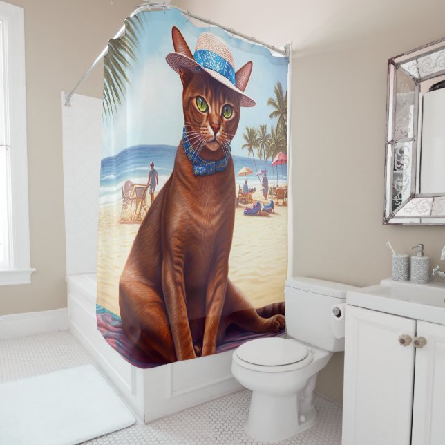 Rideaux De Douche Abyssinian cat on Beach, cadeau d'été pour amoureu (En situation)