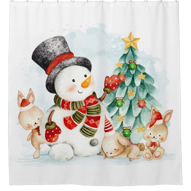 Rideaux De Douche Adables Bunnies Et Arbre De Snowman Noël (Devant)