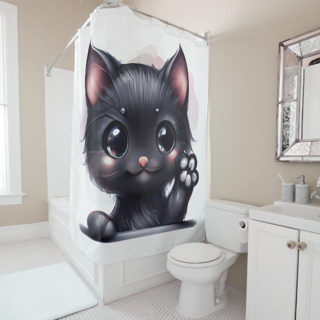 Rideaux De Douche Adorable Kawaii Chat noir (En situation)
