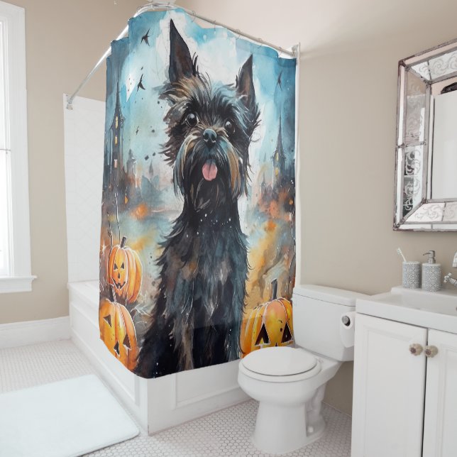 Rideaux De Douche Affenpinscher d'Halloween avec citrouilles effraya (En situation)