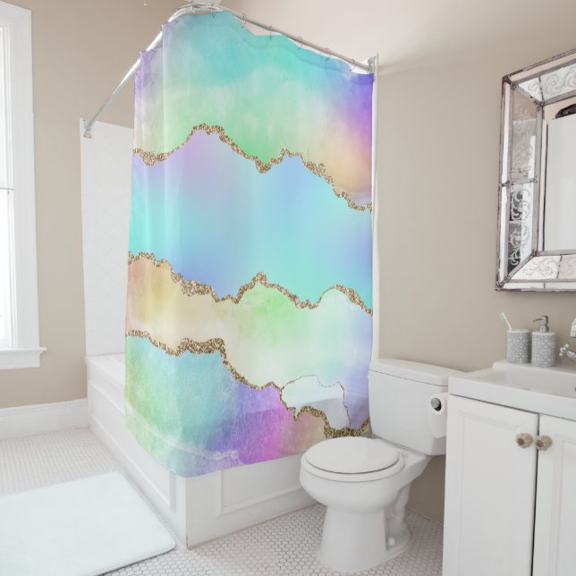 Rideaux De Douche Agate Holo | Faux Iridescente Pastel Ombre Marble (En situation)