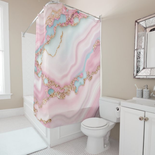 Rideaux De Douche Agate Marble Moderne Blue Rose Gold Collection (En situation)