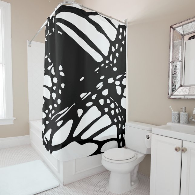 Rideaux De Douche Aile Abstraite d'insectes à papillon noir et blanc (En situation)