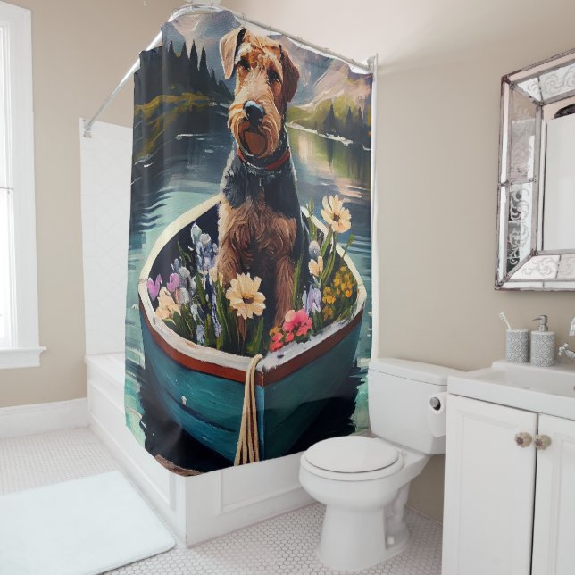 Rideaux De Douche Airedale Dog on a Paddle : Une aventure Pittoresqu (En situation)