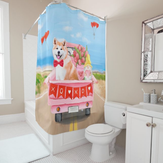 Rideaux De Douche Akita Chien Saint Valentin Coeurs de Camion (En situation)