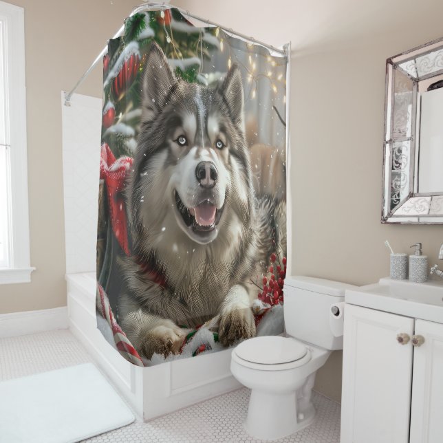 Rideaux De Douche Alaskan Malamute Chien Fête de Noël (En situation)