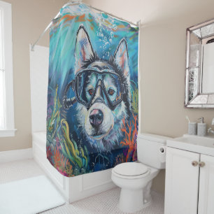Rideaux De Douche Alaskan Malamute Chien Plongée sous-marine