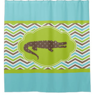 Rideaux De Douche Alligator sur bleu vert Brown blanc Chevron
