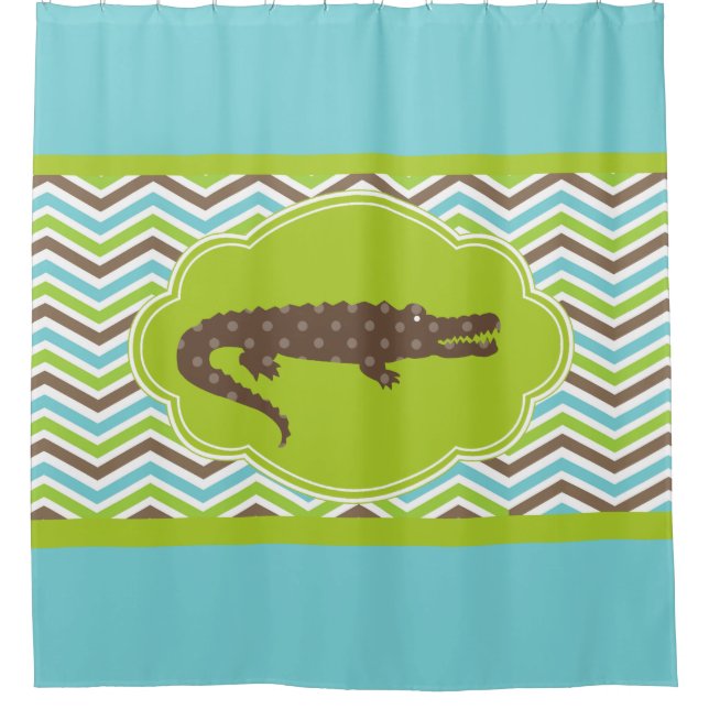 Rideaux De Douche Alligator sur bleu vert Brown blanc Chevron (Devant)