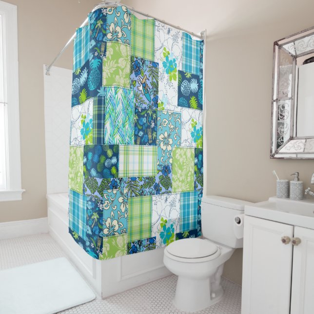 Rideaux De Douche Aloha Patchwork Hawaiian Tropical Prints - Turquoi (En situation)