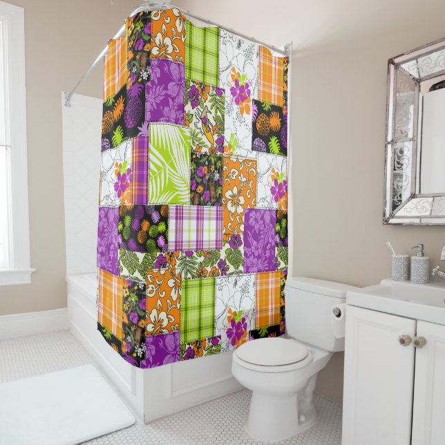 Rideaux De Douche Aloha Patchwork Hawaiian Tropical Prints - Violet (En situation)