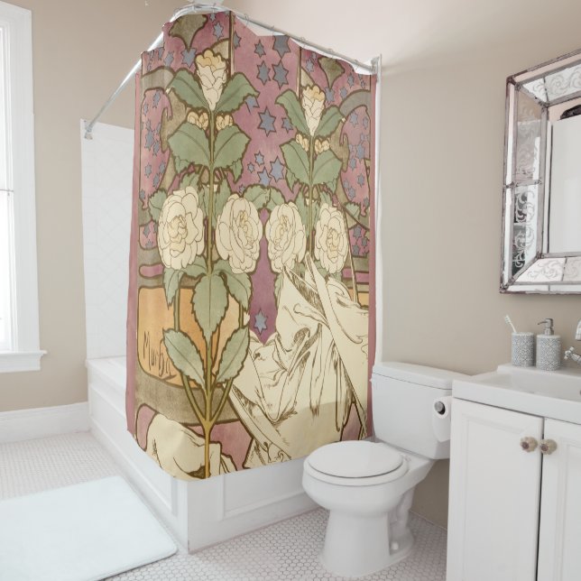 Rideaux De Douche Alphonse Mucha Étoiles Élégantes Art Nouveau Camél (En situation)