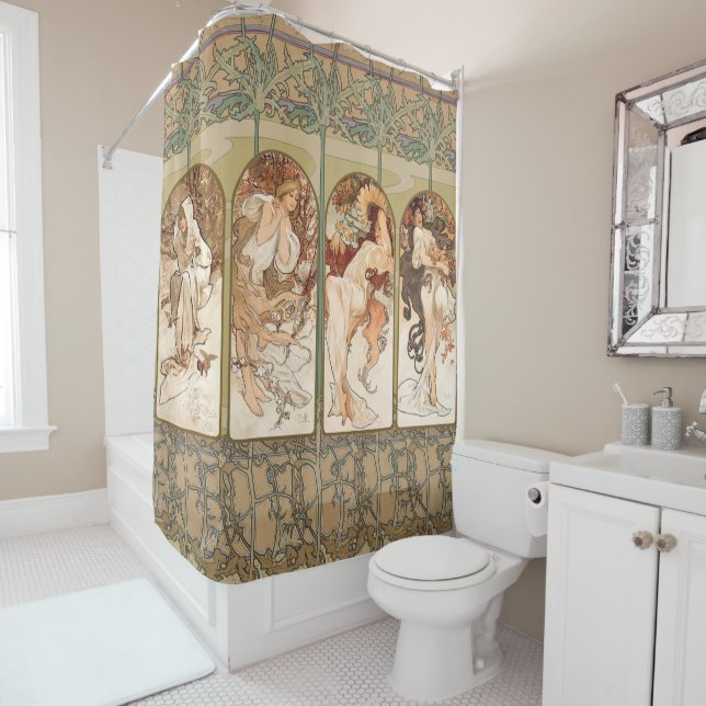 Rideaux De Douche Alphonse Mucha Four Seasons 1897 Art Nouveau Panel (En situation)