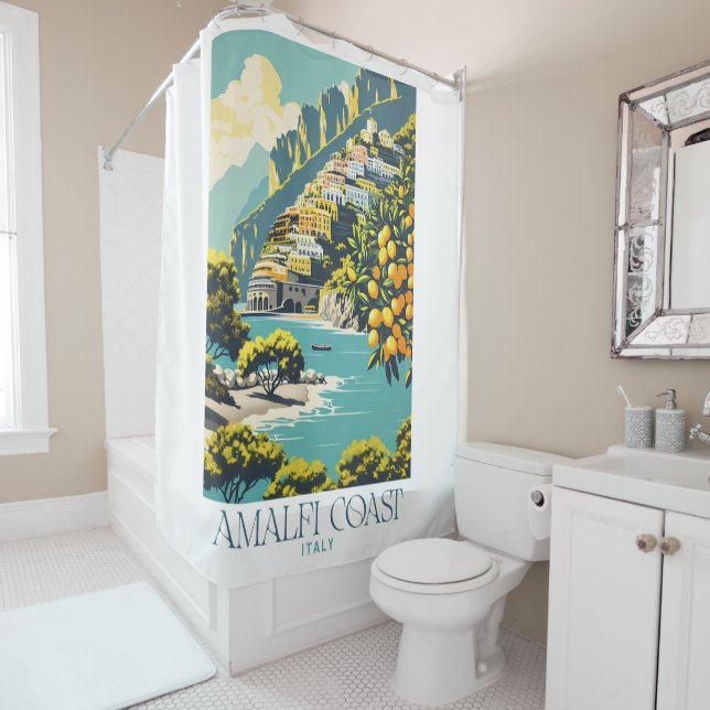 Rideaux De Douche Amalfi Coast Italy Retro Travel Poster Style (En situation)
