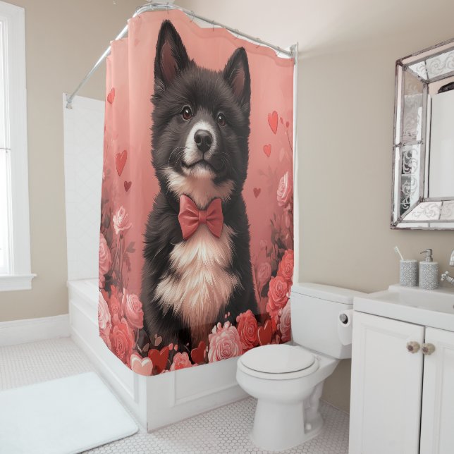 Rideaux De Douche American Akita avec Rose - Saint Valentin (En situation)