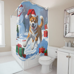 Rideaux De Douche American Akita Noël Festival scène de neige
