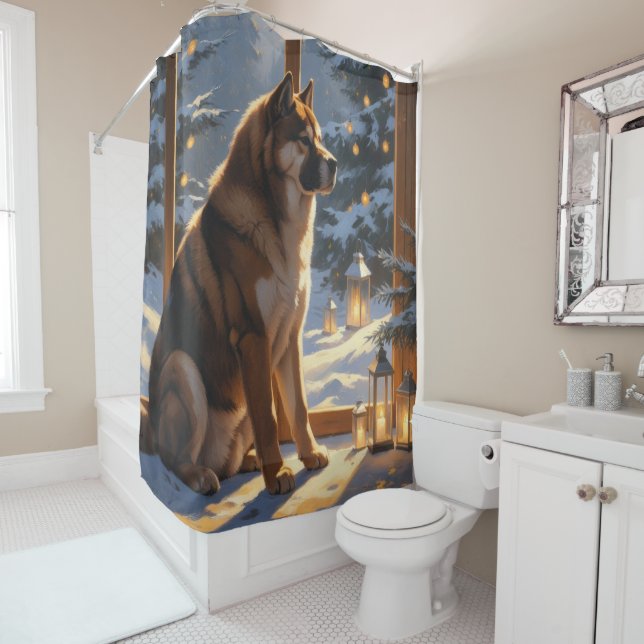 Rideaux De Douche American Akita With Christmas Lights Holiday (En situation)