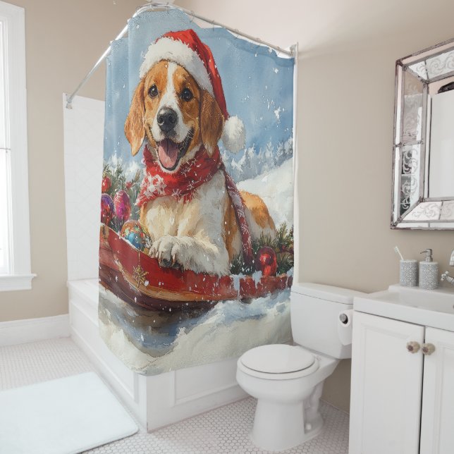 Rideaux De Douche American English Foxhound dans Sledge Christmas (En situation)