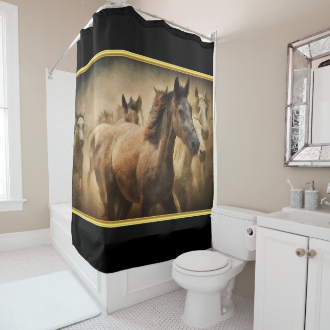 Rideaux De Douche American Quarter Horse avec fond noir (En situation)