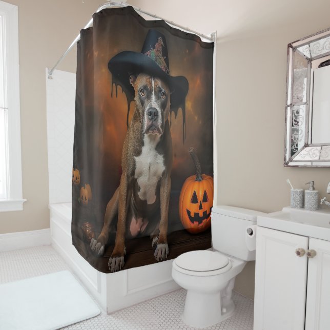 Rideaux De Douche American Staffordshire Citrouille Halloween effray (En situation)