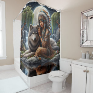 Rideaux De Douche Amérindiens et loups partagent la lune