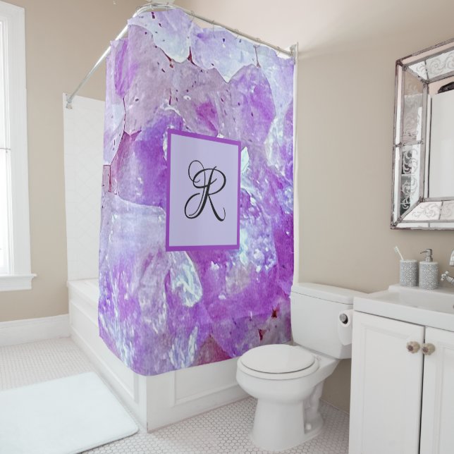 Rideaux De Douche Améthyste Éclats de quartz violet Gemstone Monogra (En situation)