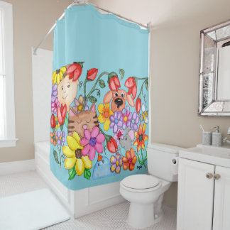 Rideaux De Douche Amis Animaux Parmi les Fleurs