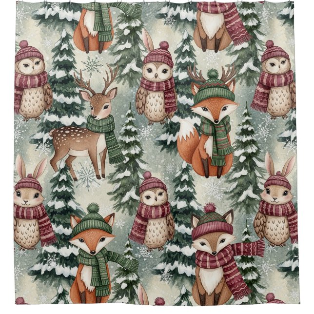 Rideaux De Douche Amis de la forêt hivernale – Animaux mignons (Devant)