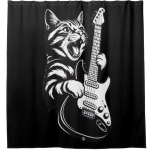 Rideaux De Douche Amour de musique cool   Chat rock jouant de la gui
