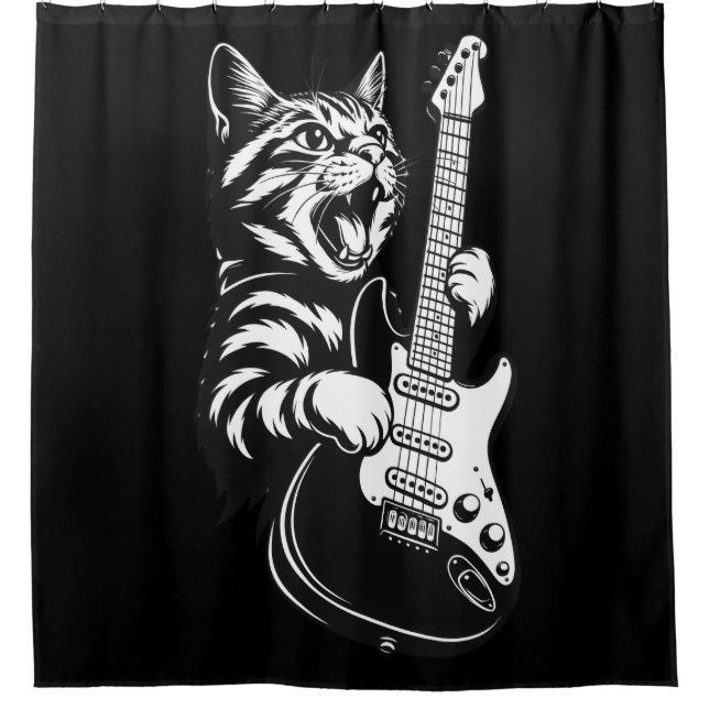 Rideaux De Douche Amour de musique cool | Chat rock jouant de la gui (Devant)