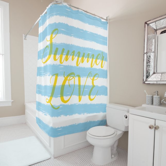 Rideaux De Douche Amour d'été rayures bleu ciel blanc (En situation)