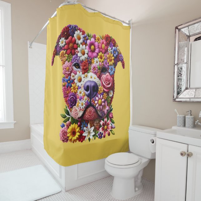Rideaux De Douche Amoureux de chien visage de fleur de Pitbull (En situation)