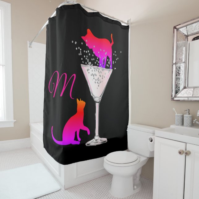 Rideaux De Douche Amoureux de les chats rose noir Monogramme moderne (En situation)