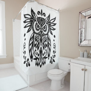 Rideaux De Douche Amoureux des hiboux Rustique Bois Noir Blanc Bohèm