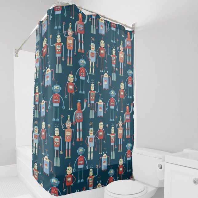 Rideaux De Douche Amusant 1950s Style Rétro Robot Motif foncé (Fun retro robots pattern shower curtain)