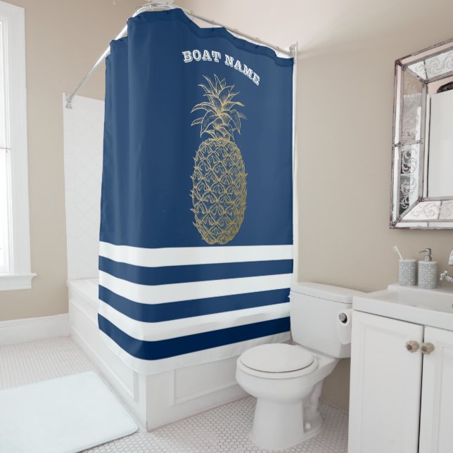 Rideaux De Douche Ananas Or Marine Bleu rayé (En situation)