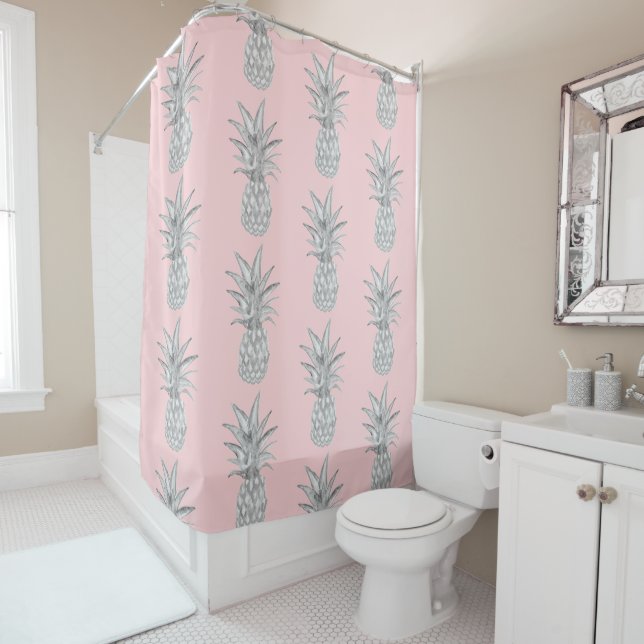 Rideaux De Douche Ananas rose Tropical Motif de sol Mat (En situation)