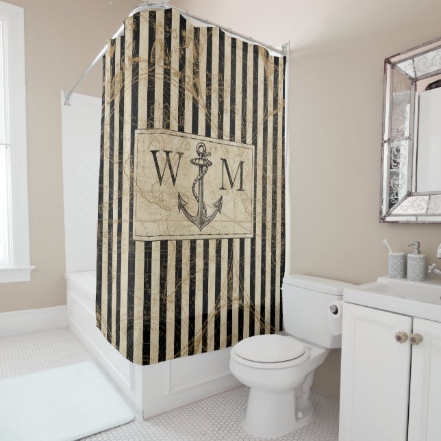 Rideaux De Douche Ancien Monde Carte Ancre nautique Monogramme (En situation)