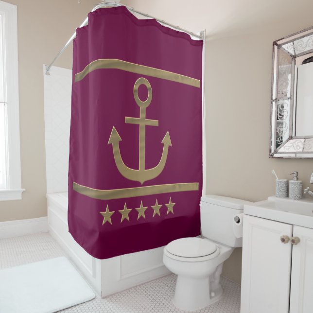 Rideaux De Douche ancrage or sur fond rouge vin (En situation)
